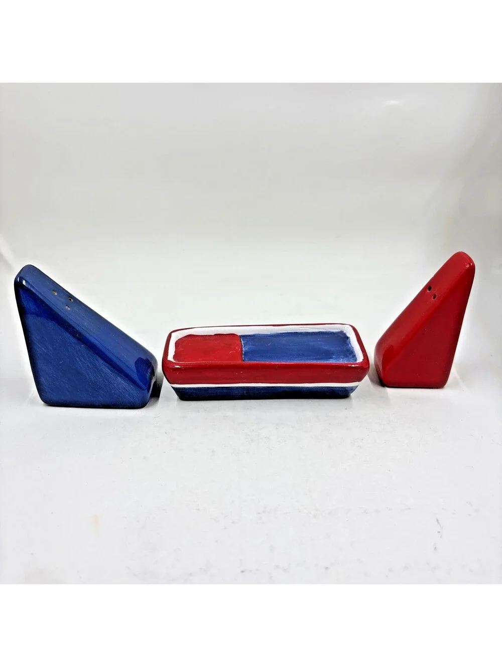 Vintage Sail Boat Salt Pepper Shaker Nautical Red White Blue Beach Picnic